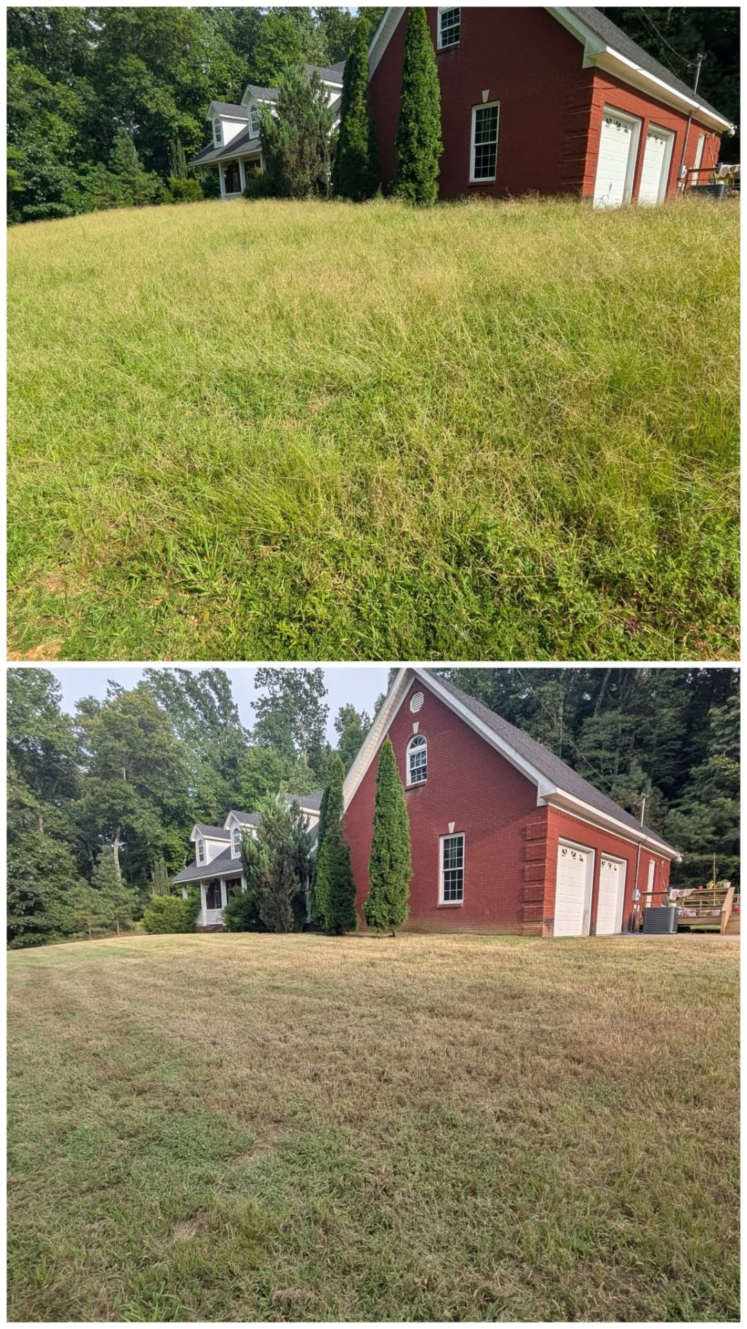 Before and after tall grass mowing around a red building